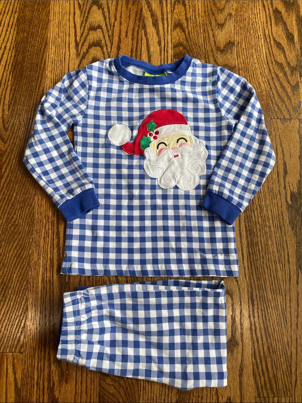 Classic Whimsy blue gingham, Santa two piece pajama set, good used condition
